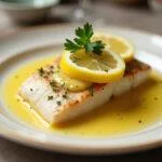 Fischfilet mit Zitronensauce für Fisch, serviert auf einem Esstisch.