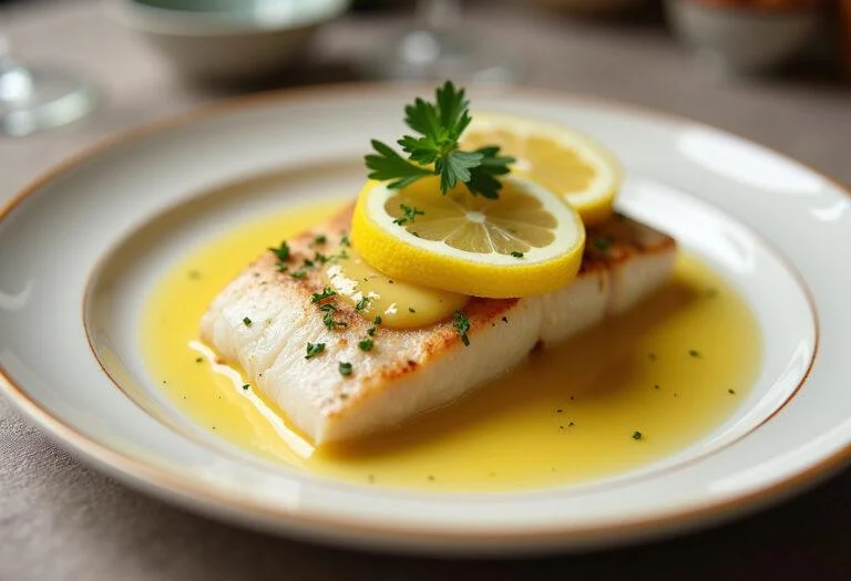 Fischfilet mit Zitronensauce für Fisch, serviert auf einem Esstisch.