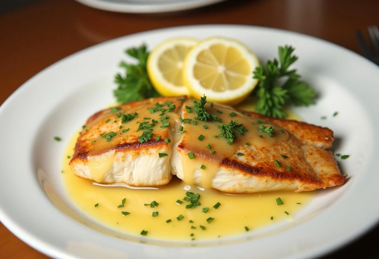Fischfilet mit Zitronensauce für Fisch, serviert auf einem Esstisch.