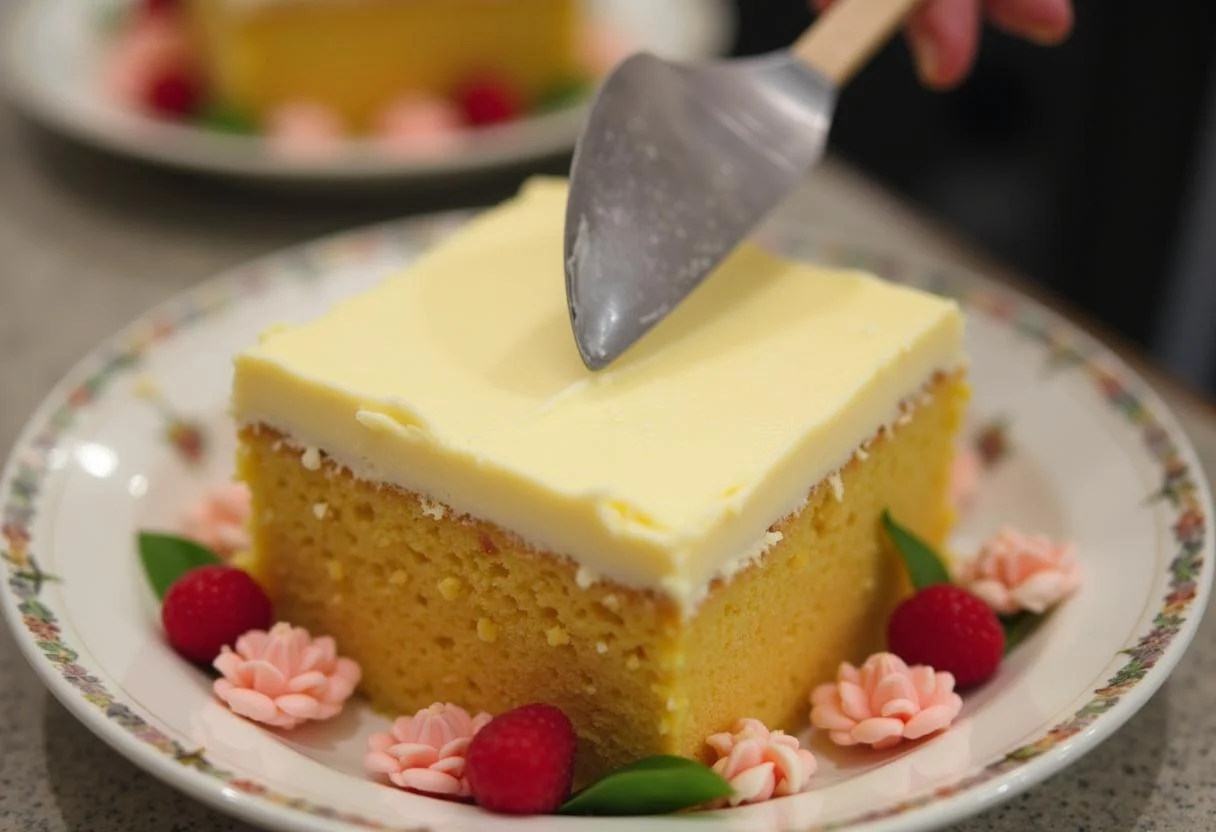 Der schnelle Kuchen mit Paradiescreme wird geschichtet und dekoriert.