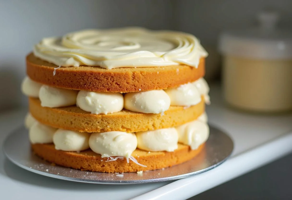 Der fertige Kuchen mit Paradiescreme wird in den Kühlschrank gestellt zum Kühlen.