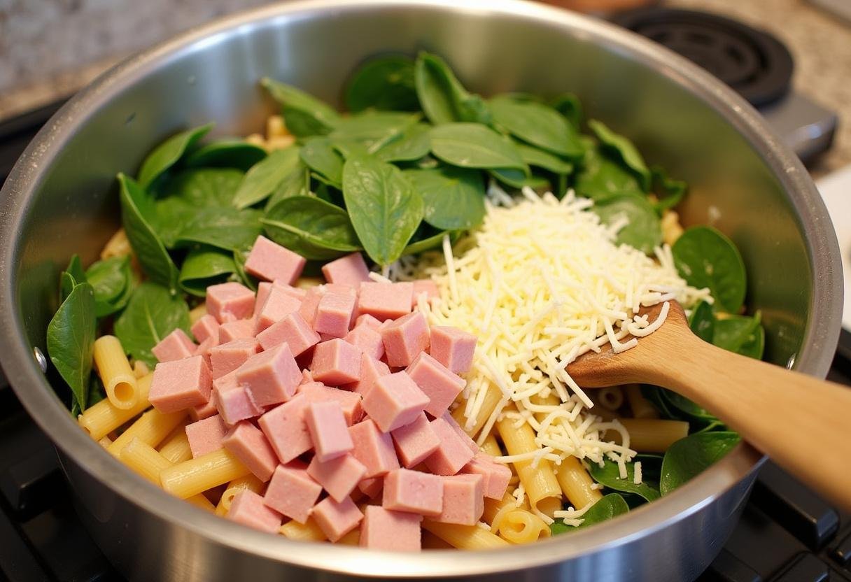 Ingredients for Schneller Nudelauflauf: Spinat und Schinken in einer Schüssel vorbereitet.