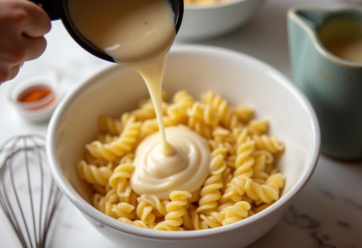 Creme Sauce auf den Nudelauflauf mit Schinken und Käse gegossen.