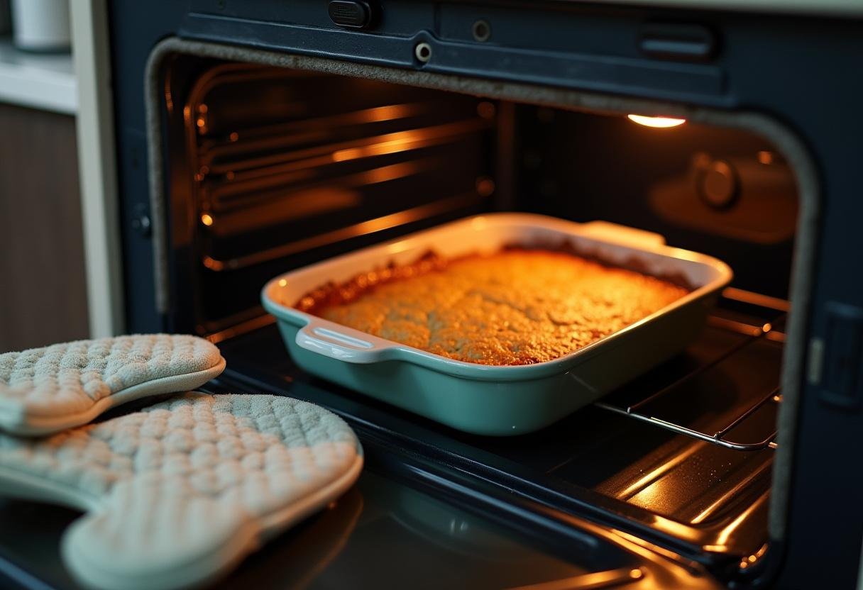 Auflaufform für Schneller Nudelauflauf in den Ofen geschoben zum Backen.