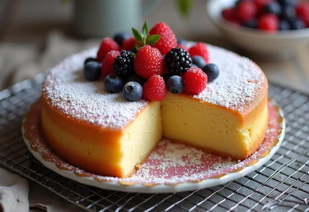 Fertig gebackener Quark-Öl-Kuchen mit Puderzucker und frischen Beeren.