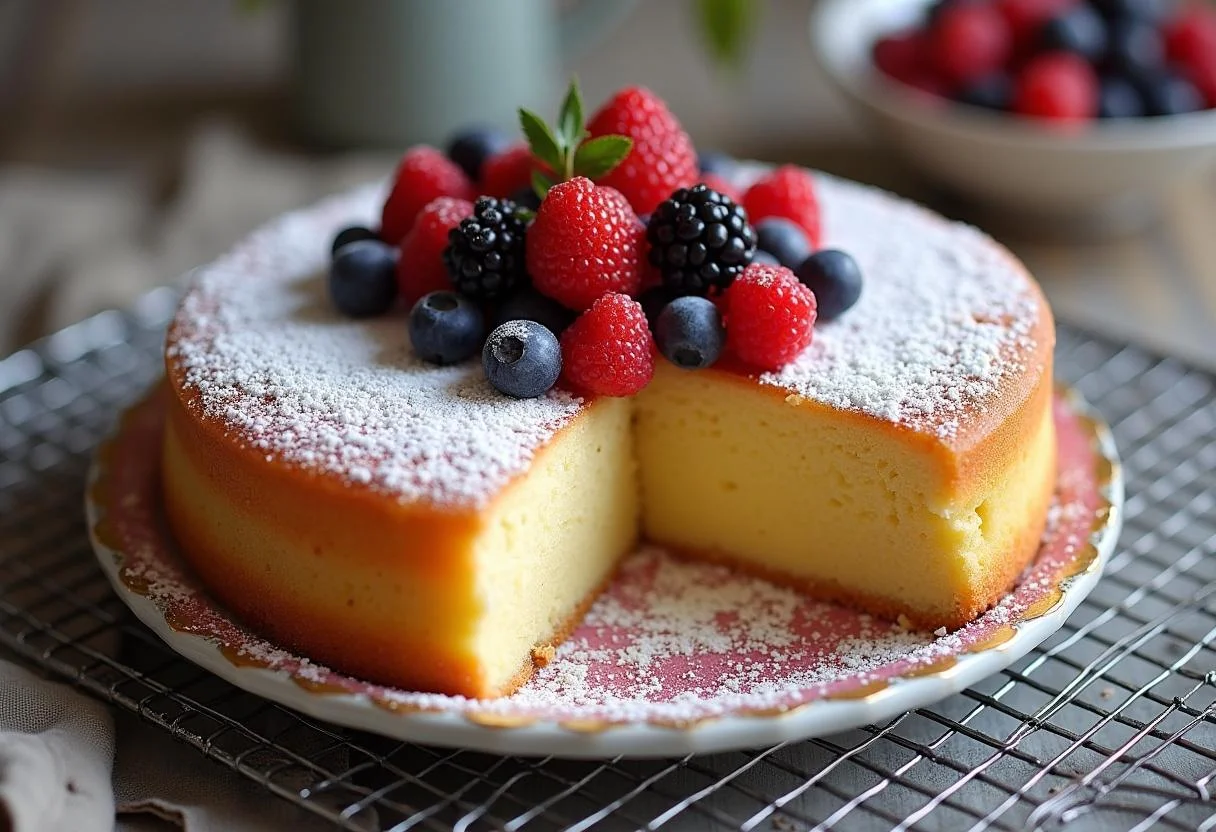 Fertig gebackener Quark-Öl-Kuchen mit Puderzucker und frischen Beeren.