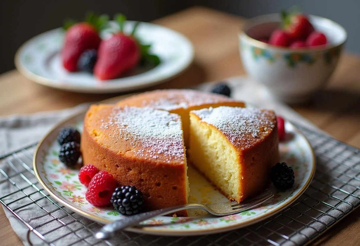 Fertig gebackener Quark-Öl-Kuchen mit Puderzucker und frischen Beeren.