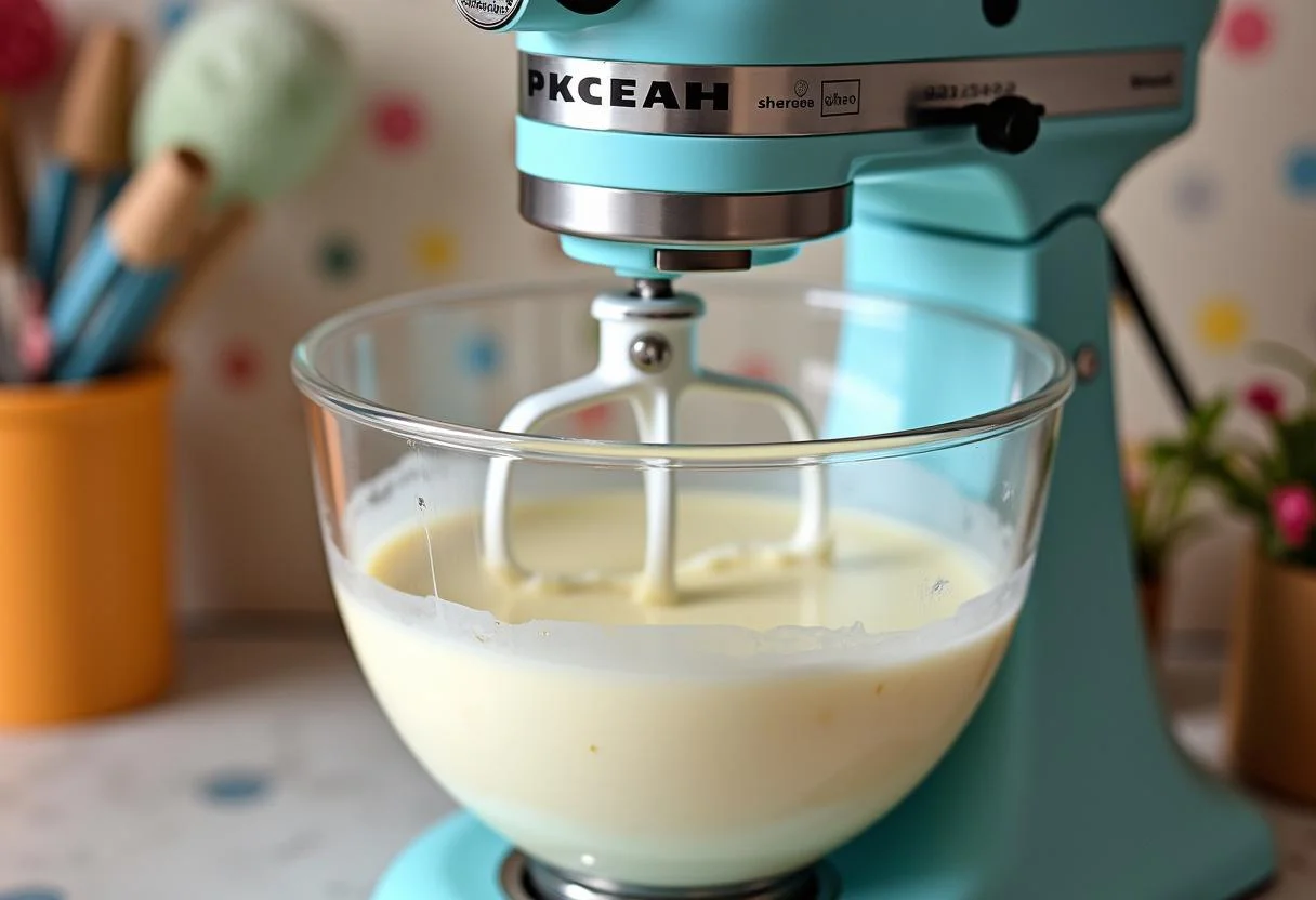 Mischvorgang des Quark-Öl-Teigs für einen köstlichen Kuchen.