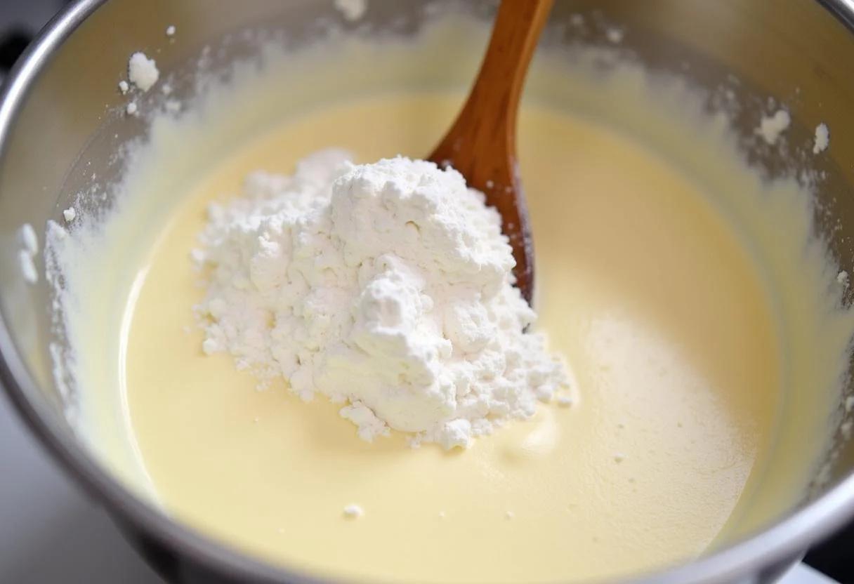 Hinzufügen von Mehl und Backpulver zu Quark-Öl-Teig für Kuchen.