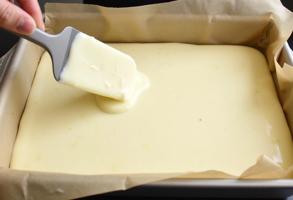 Quark-Öl-Teig wird in eine Backform für Kuchen gegossen.