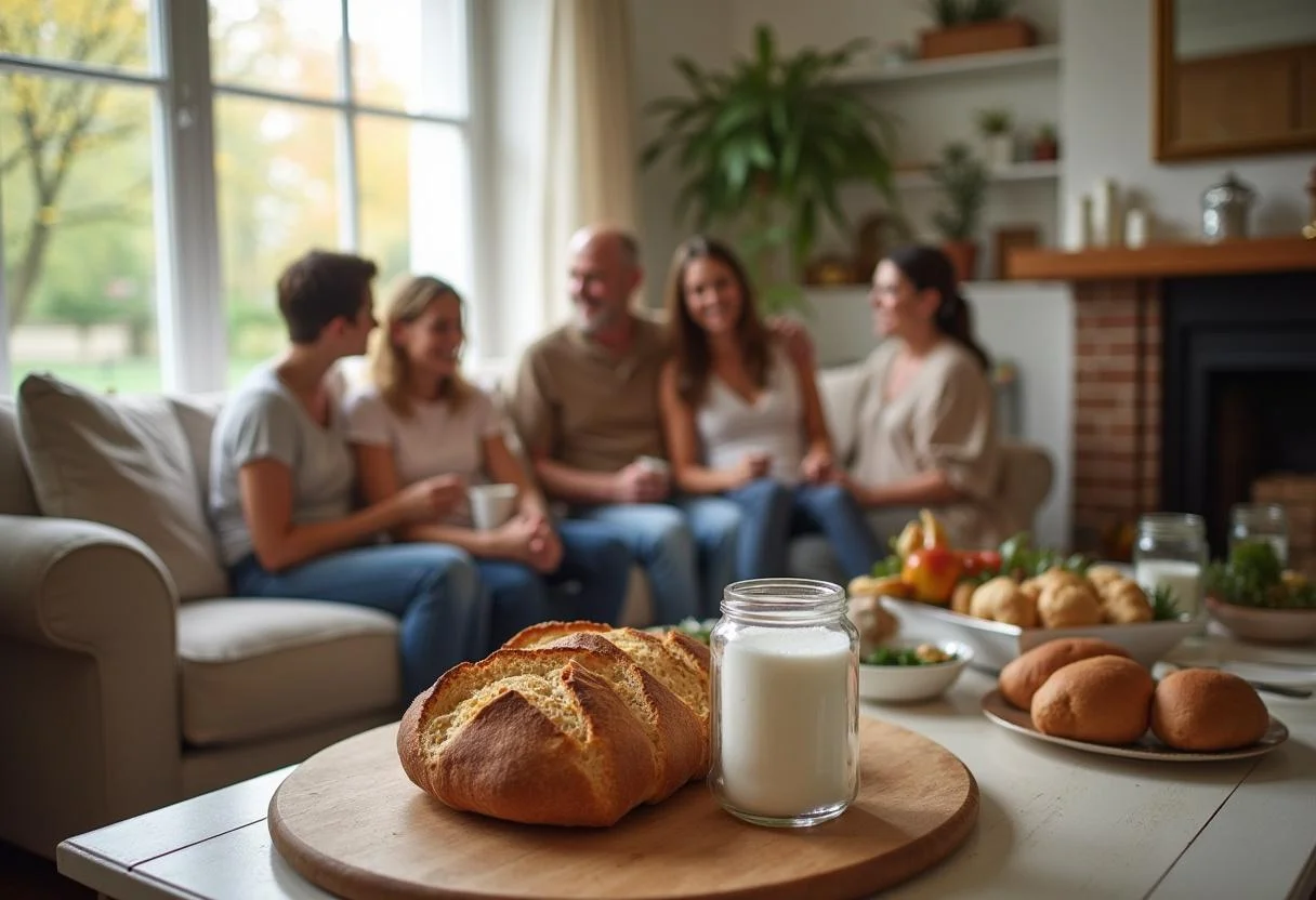 Festliche Feier mit Brot und Salz zum Einzug, umgeben von Familie und Freunden.