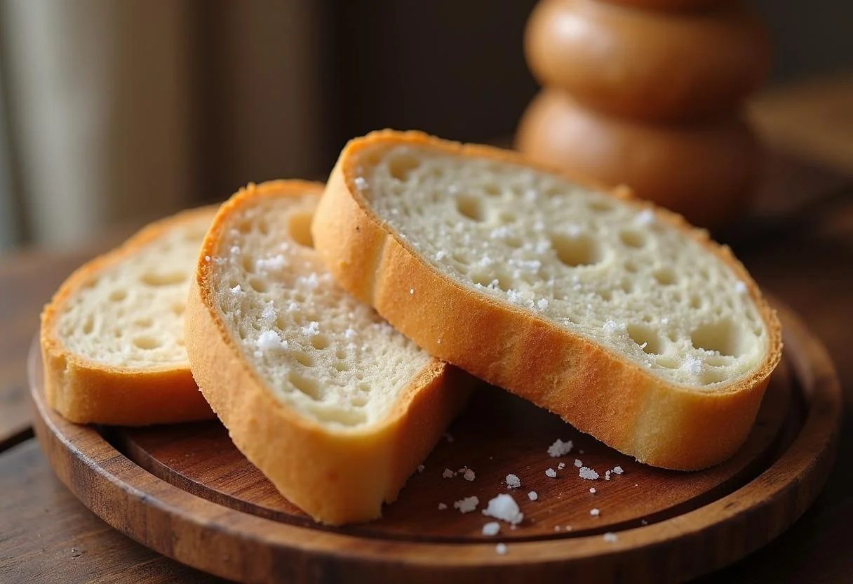 Sliced Brot für den Einzug auf einem rustikalen Holzbrett, dekoriert mit Salz.