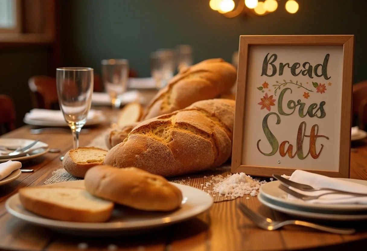 Einladender Tisch mit Brot, Salz und einem Spruch für den Einzug, perfekt für eine festliche Atmosphäre.