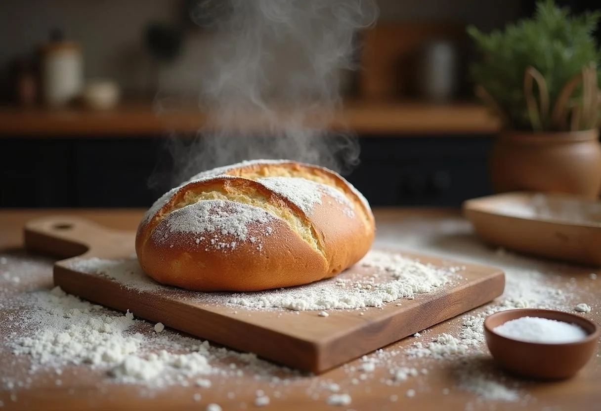 Ein frisch gebackenes Brot auf einem Holzbrett, ideal für einen Spruch über Brot und Salz zum Einzug.