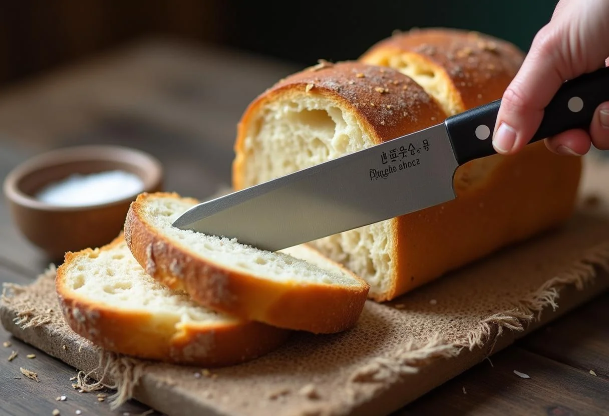 Schöne Brotschneideszene für einen Spruch zu Brot und Salz zum Einzug.