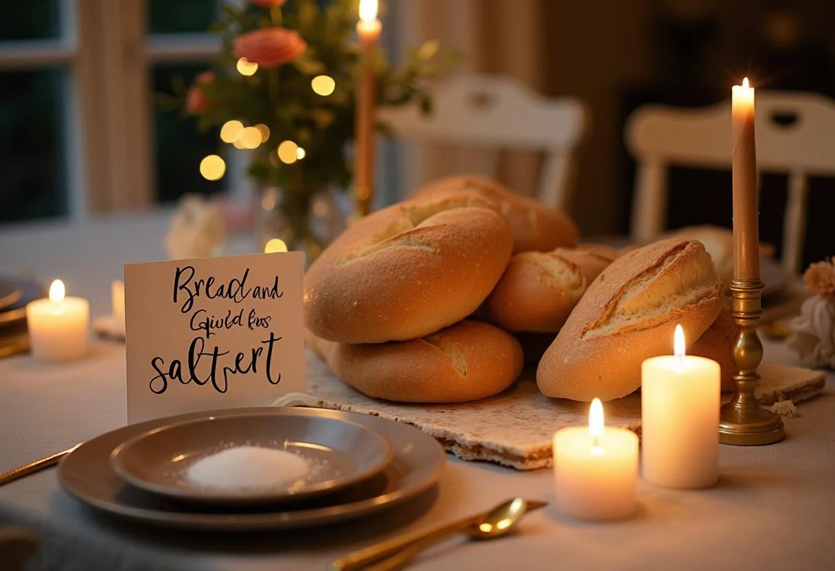 Dekorative Präsentation von Brot und Salz mit einem Spruch zum Einzug.