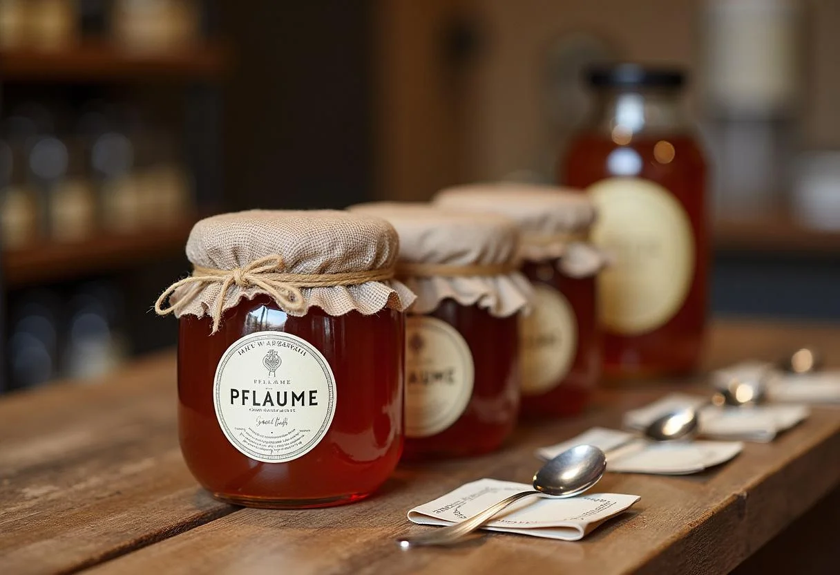 Finished Share Original Pflaume jars showcased on a table, perfect for sharing.