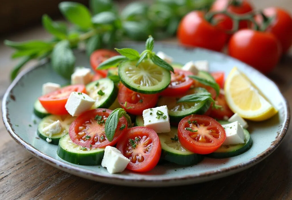 Fertiger Tomaten-Gurken-Salat mit Feta auf einem rustikalen Tisch serviert.