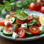 Fertiger Tomaten-Gurken-Salat mit Feta auf einem rustikalen Tisch serviert.