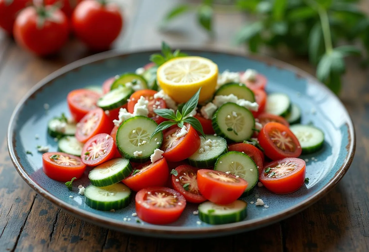 Fertiger Tomaten-Gurken-Salat mit Feta auf einem rustikalen Tisch serviert.