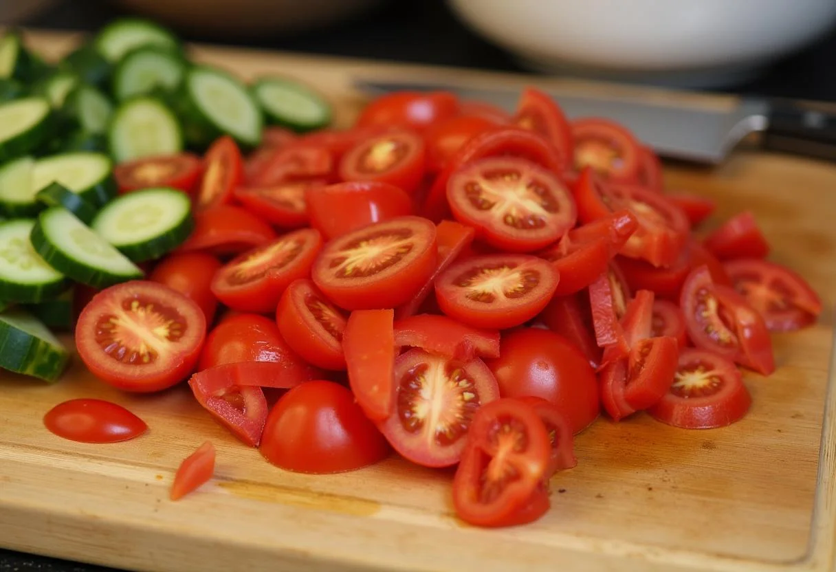 Tomaten und Gurken werden für den Sommerlichen Tomaten-Gurken-Salat gehackt.