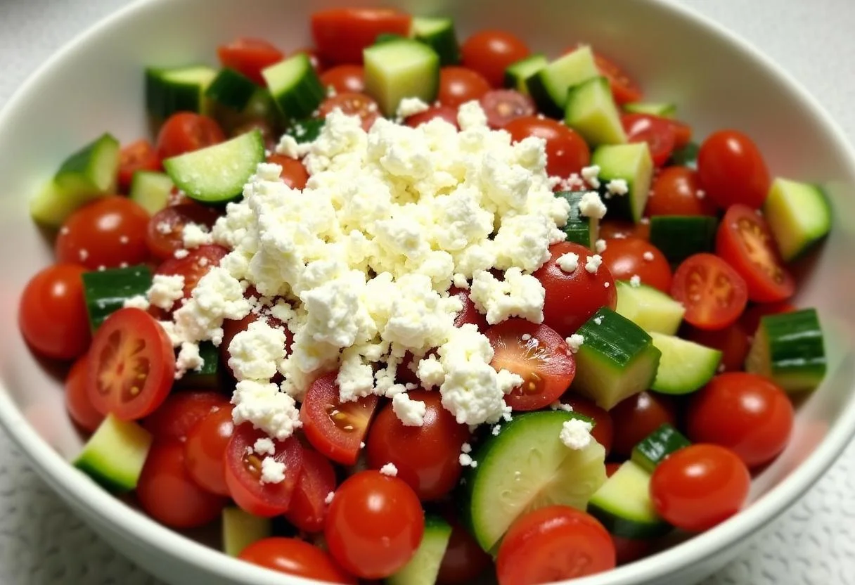Diced Tomaten und Gurken für den Sommertomaten-Gurken-Salat mit Feta.
