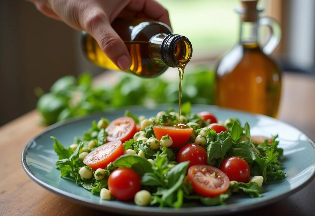 Olivenöl wird über den Tomaten-Gurken-Salat mit Feta für extra Geschmack beträufelt.