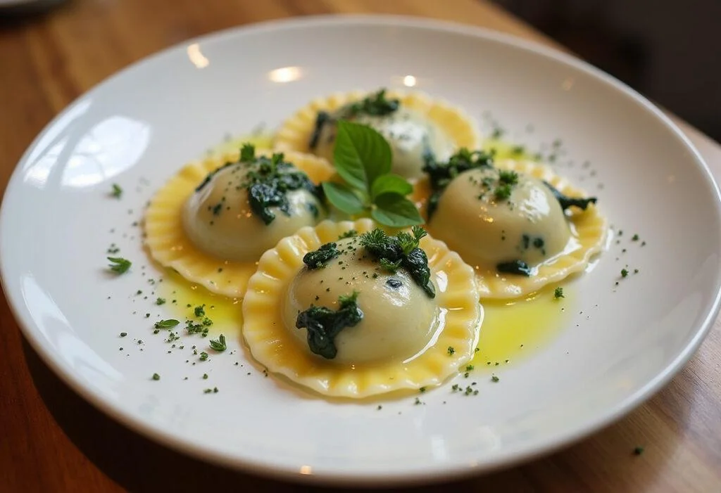 Delicious ravioli filled with spinach and ricotta, ready to be enjoyed, complemented by a rustic serving presentation.