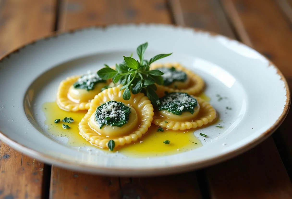 Köstliche Ravioli gefüllt mit Spinat und Ricotta, servierbereit, ergänzt durch eine rustikale Servierpräsentation.