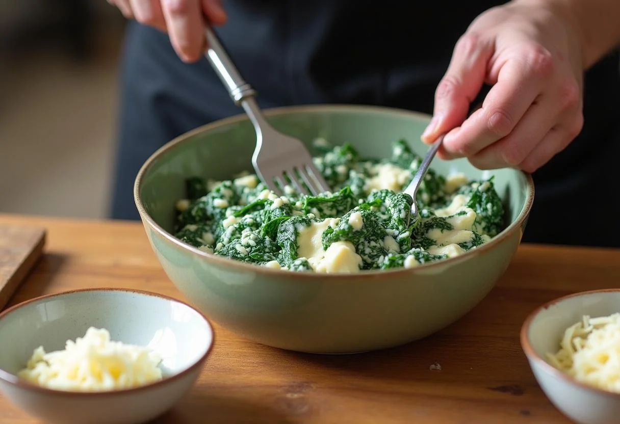 Spinat und Ricotta werden für eine köstliche Tortellini- oder Lasagne-Füllung gemischt, mit frischen Zutaten.