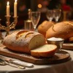 Fertige Anordnung von Brot und Salz für einen einzug in traditionellen sprüchen.