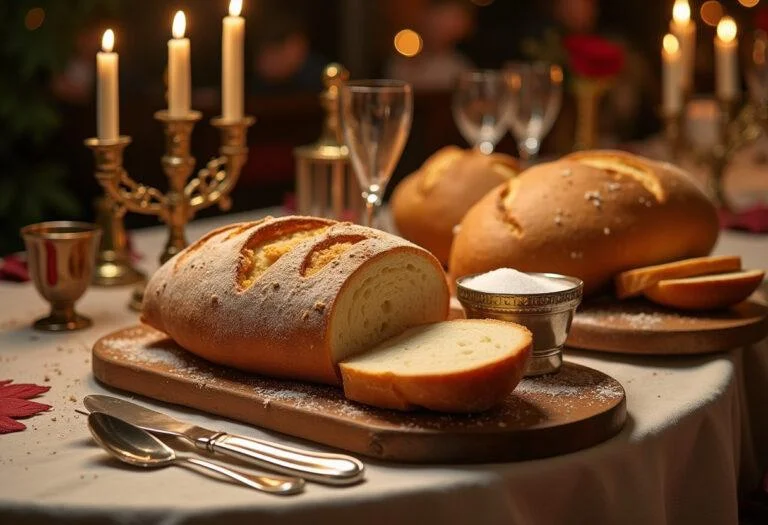 Fertige Anordnung von Brot und Salz fĂĽr einen einzug in traditionellen sprĂĽchen.