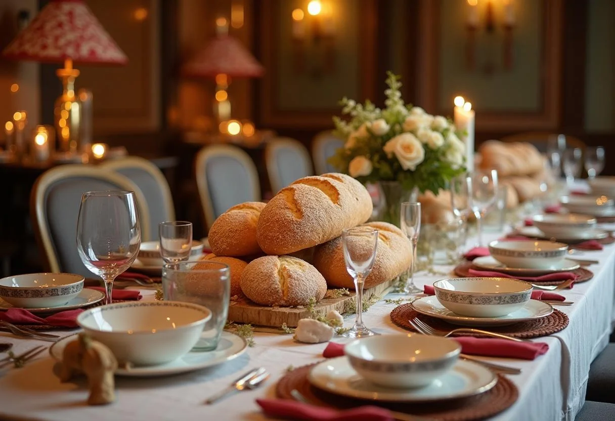 Fertige Anordnung von Brot und Salz fĂĽr einen Einzug in traditionellen SprĂĽchen.