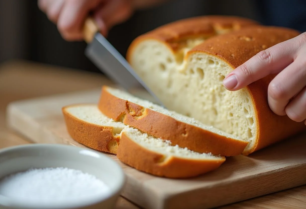 Slicing fresh bread for einen brot und salz sprĂĽche zum einzug.