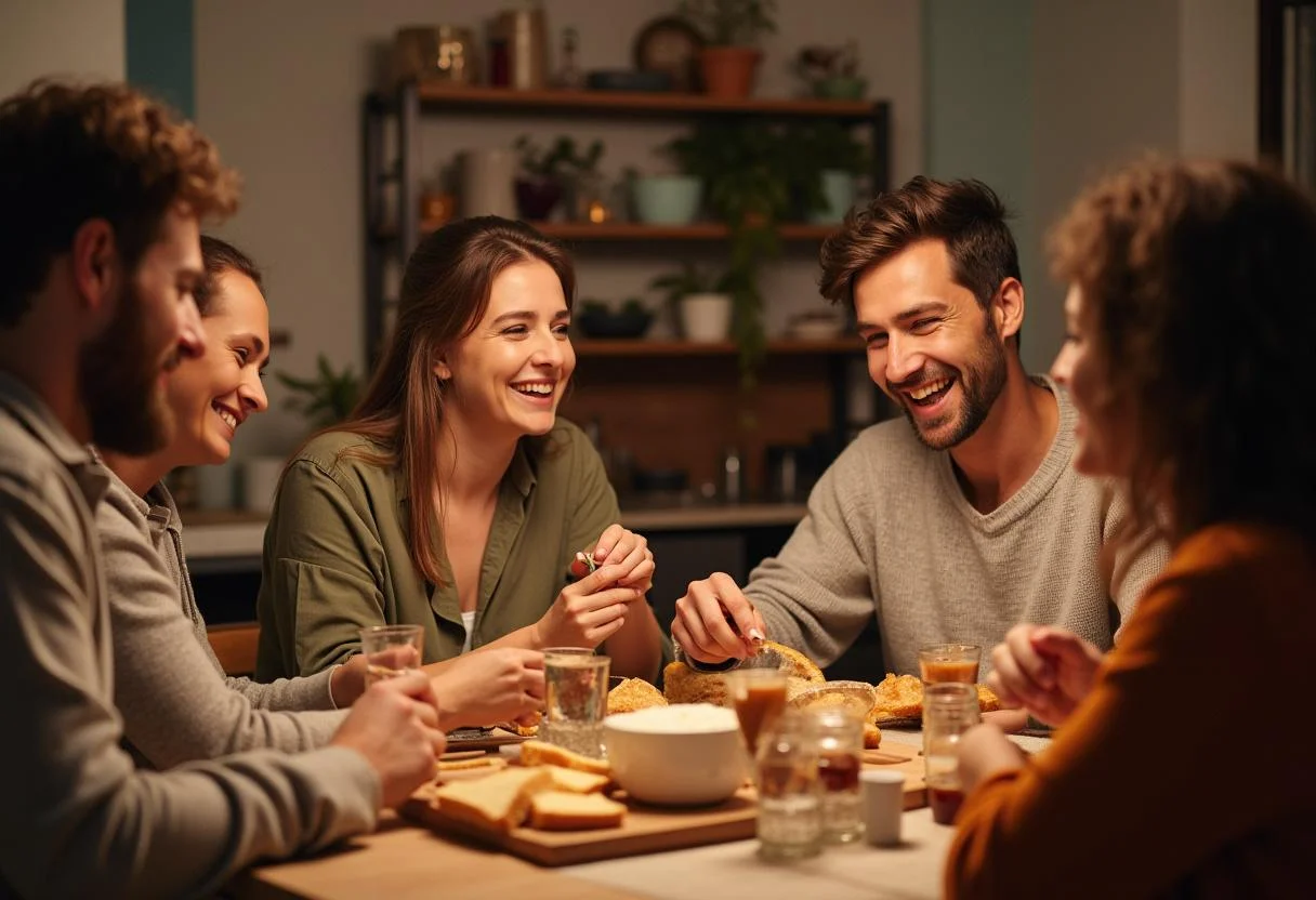 Familie und Freunde genieĂźen Brot und Salz beim einzug und teilen herzliche sprĂĽche.