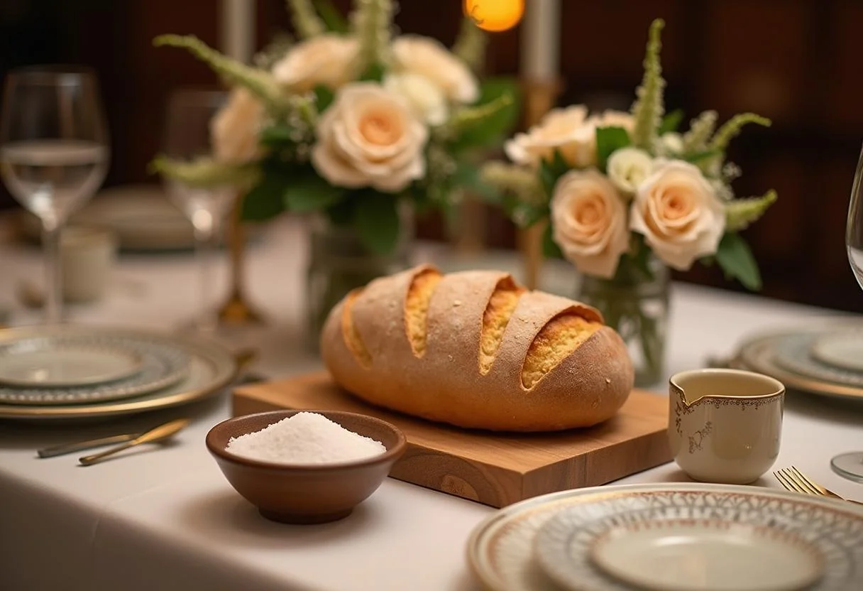 Traditionelle Sprüche zu Brot und Salz zum Einzug mit Brot und Salz auf gedecktem Tisch.