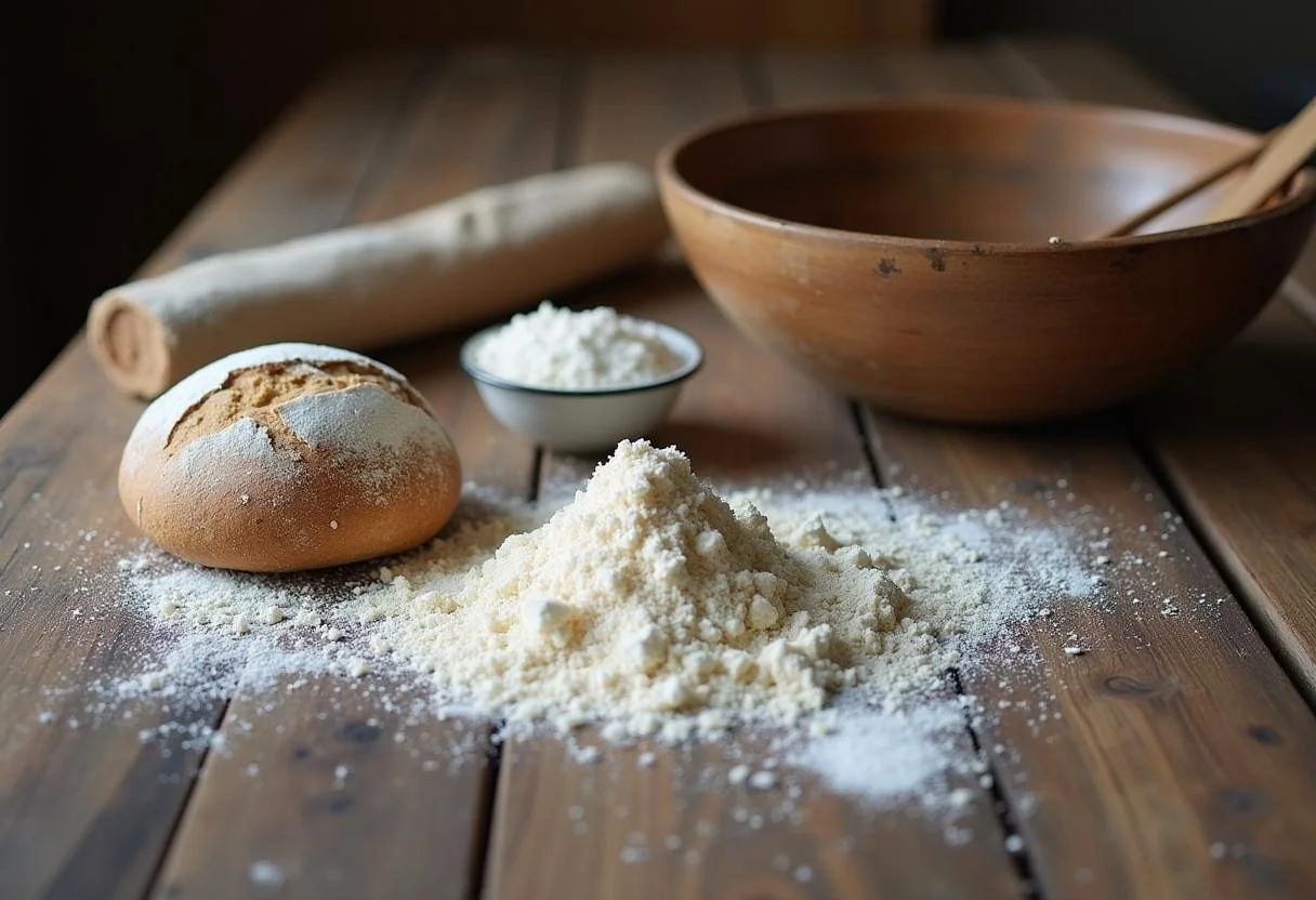 Zutaten für traditionelles Brot und Salz zum Einzug auf einem Holztisch.