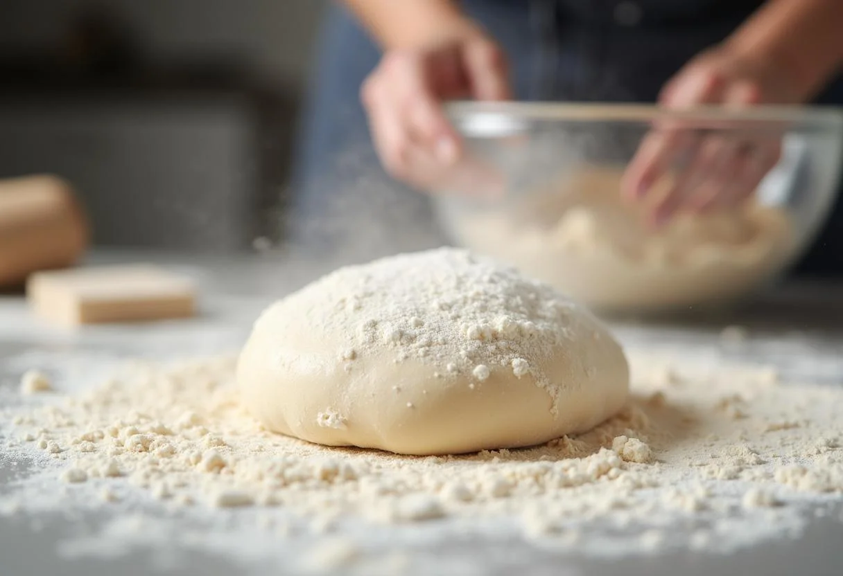 Teig wird für Brot und Salz zum Einzug geknetet auf einer bemehlten Arbeitsfläche.