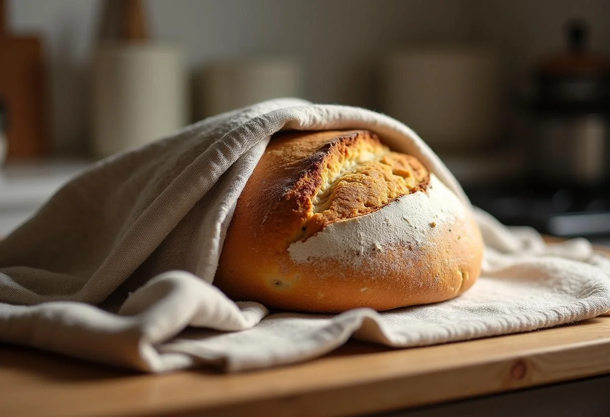 Aufgehender Laib Brot zum Einzug, bedeckt mit einem Tuch auf der Küchenarbeitsfläche.