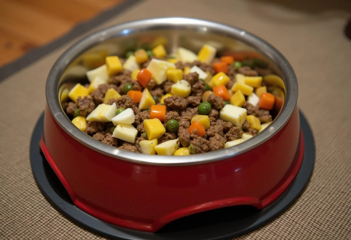 Hunde essen Mischung mit gekochten Eiern, gut für ihre Ernährung.