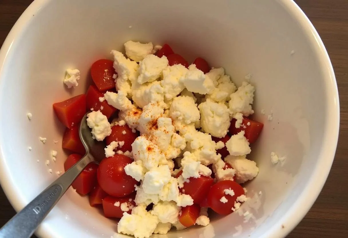 Mixing crumbled feta cheese and diced tomatoes for würziger Feta-Dip, enhancing the paprika feta dip flavor.