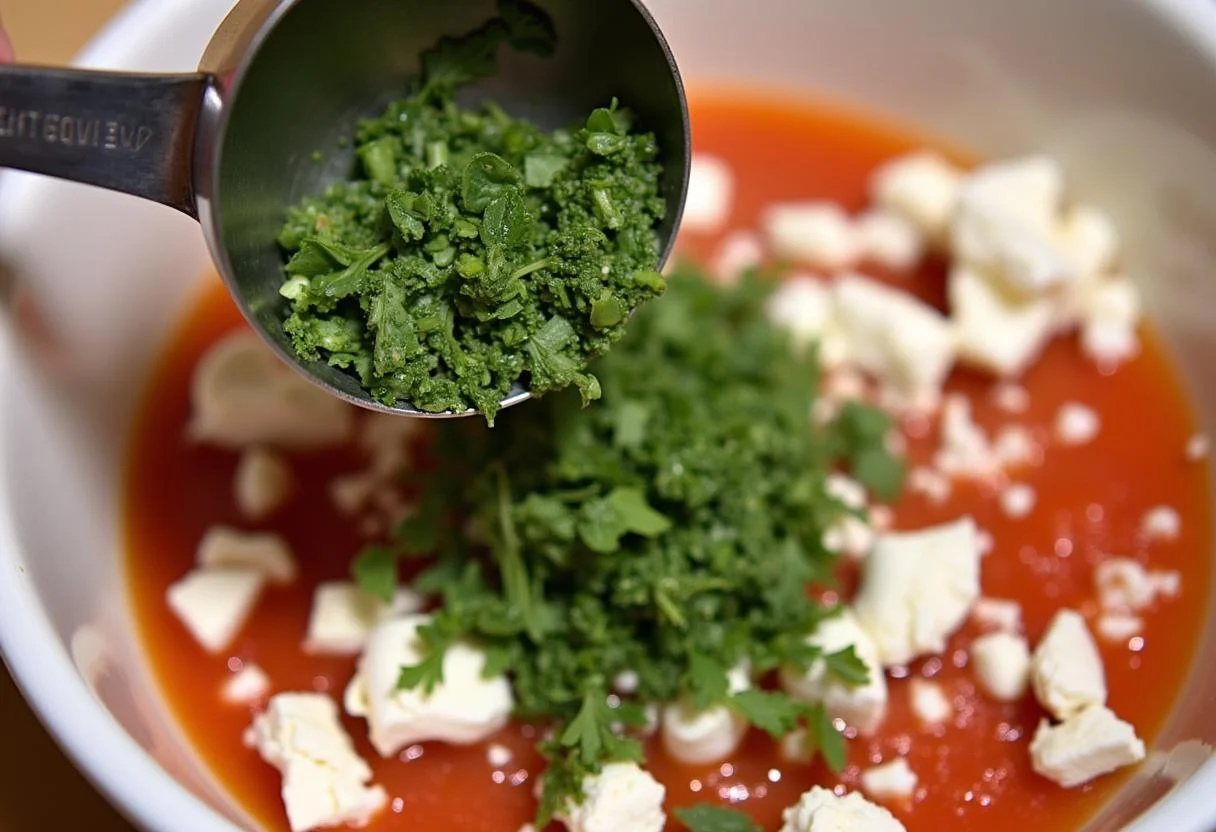 Adding fresh herbs to the feta and tomato mix for würziger Feta-Dip, perfect for tomaten feta dip.