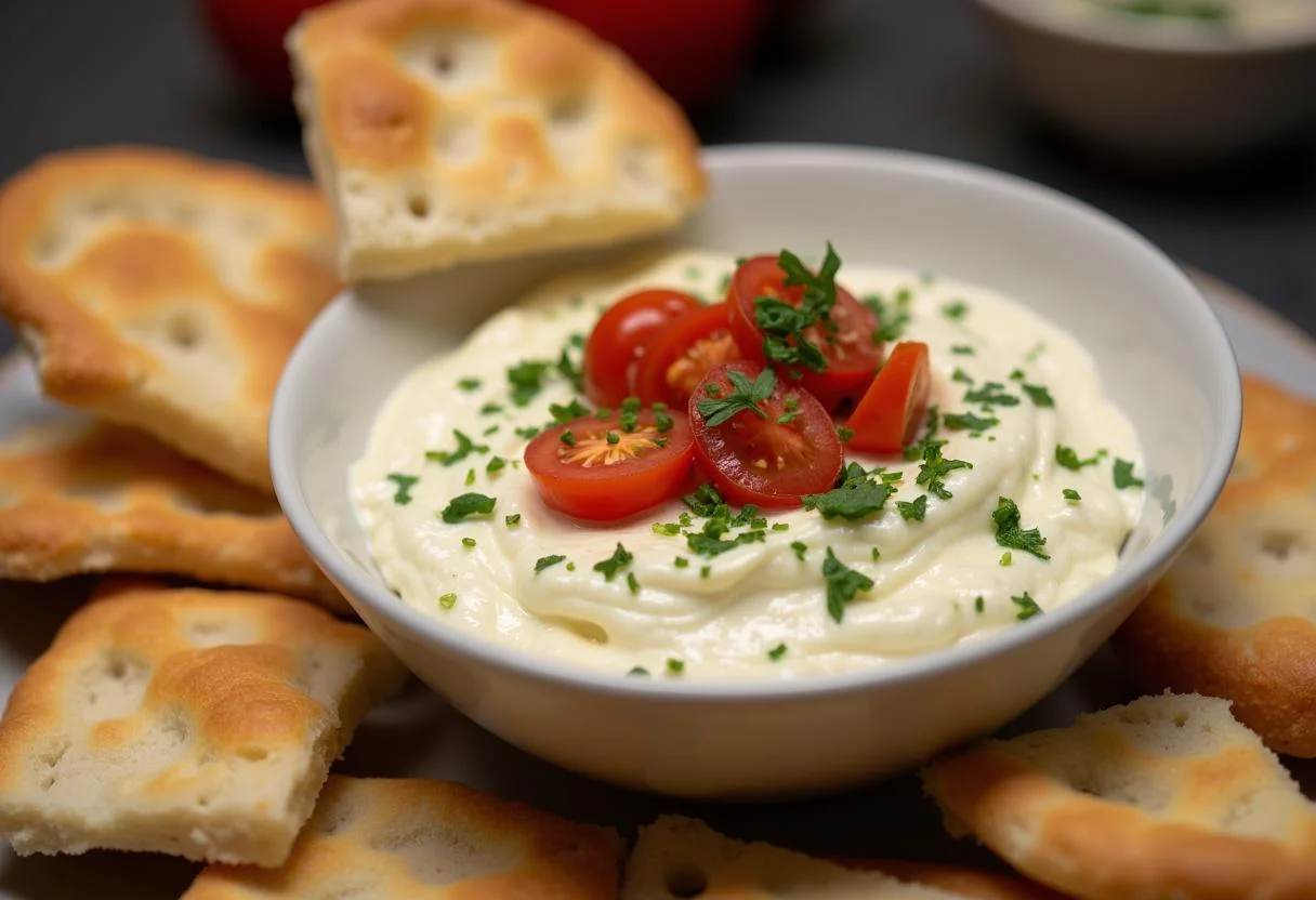 Garnished würziger Feta-Dip ready to serve, ideal for a delicious tomate feta dip appetizer.