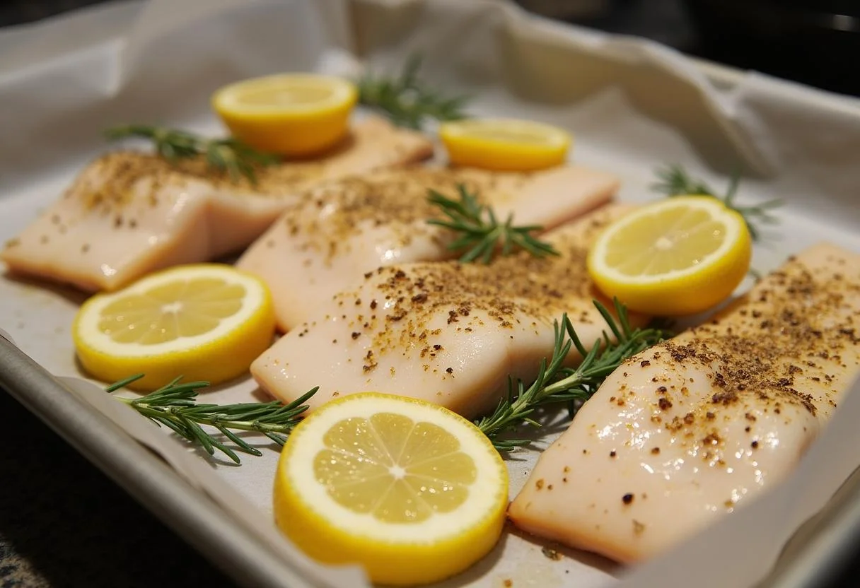Zarter Fisch aus dem Backofen vorbereitet mit Kräutern und Zitronenscheiben für ein einfaches Fisch Rezept.