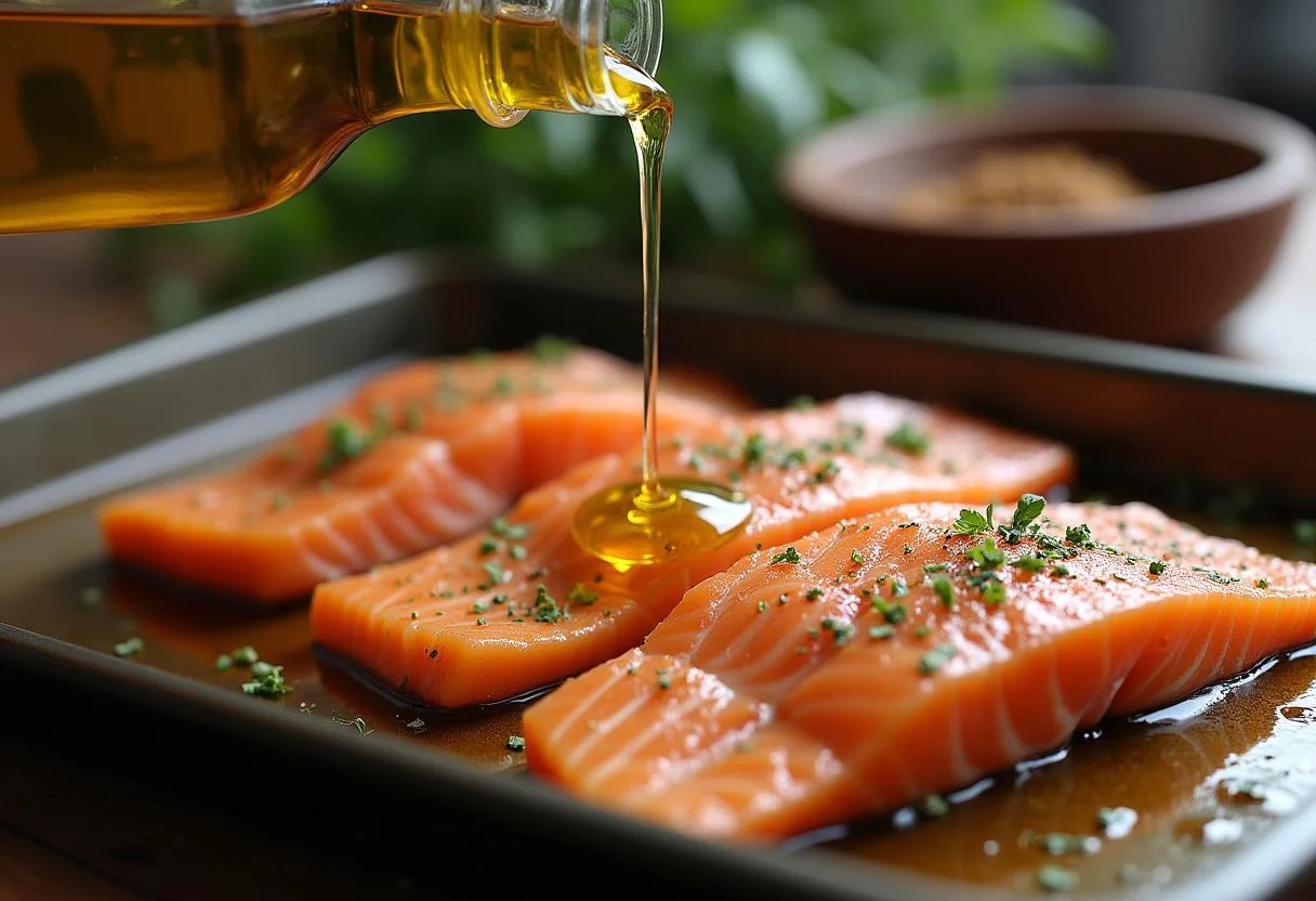 Olivenöl wird über den Fisch gegossen für das Rezept Fisch im Backofen.