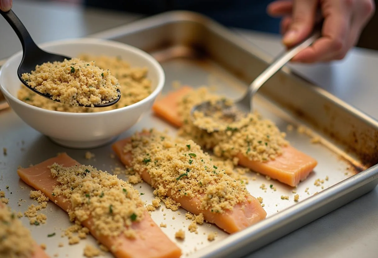 Paniermehl und Kräuter werden auf den Fisch für das Rezept Zarter Fisch aus dem Backofen gestreut.