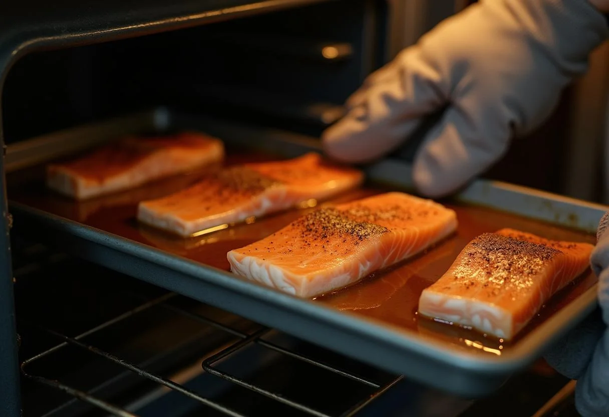 Der Backblech mit zartem Fisch kommt in den Ofen für ein perfektes Fisch Gericht.