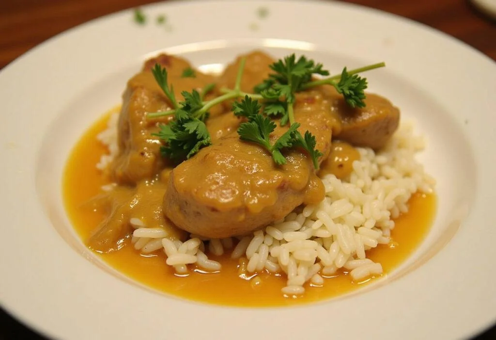 Fertiges Zwiebel-Sahne-Hähnchen mit Reis und frischer Petersilie für ein klassisches Abendessen.