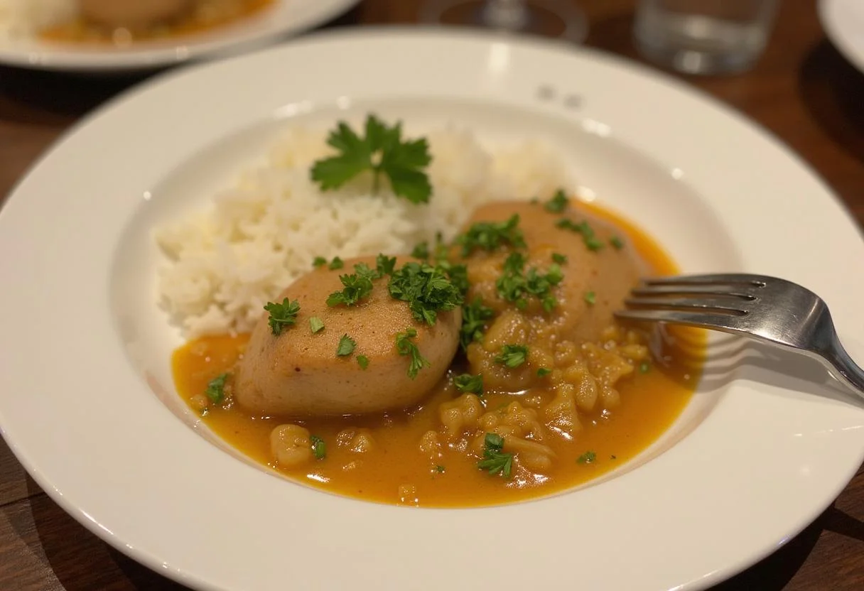Fertiges Zwiebel-Sahne-Hähnchen mit Reis und frischer Petersilie für ein klassisches Abendessen.