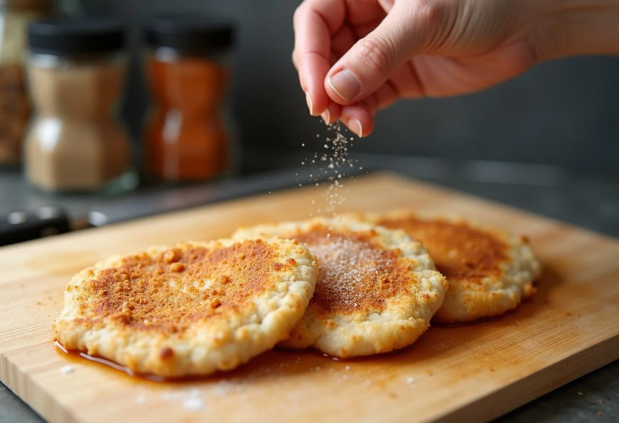 Hähnchen schnitzel werden gewürzt für das klassische Zwiebel-Sahne-Hähnchen.